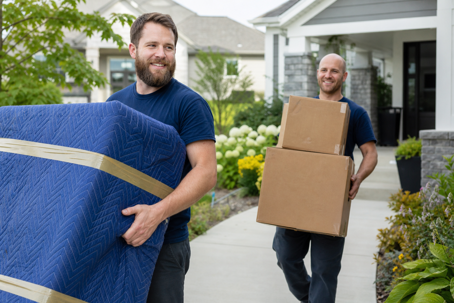 Plymouth movers carrying furniture at a local home